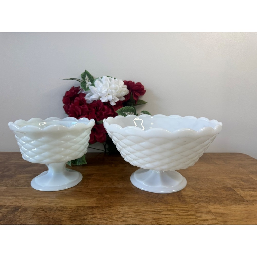 Vintage Quilted Milk Glass Pedestal Compote Bowls Set‎ MCM Holiday Wedding Decor